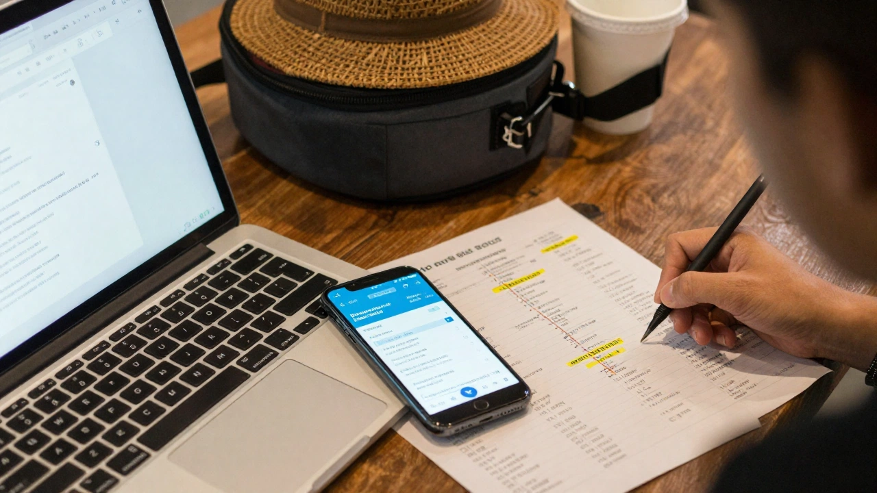 setting up flexible onward ticket for backpacker traveling multiple countries using laptop and travel planning gear