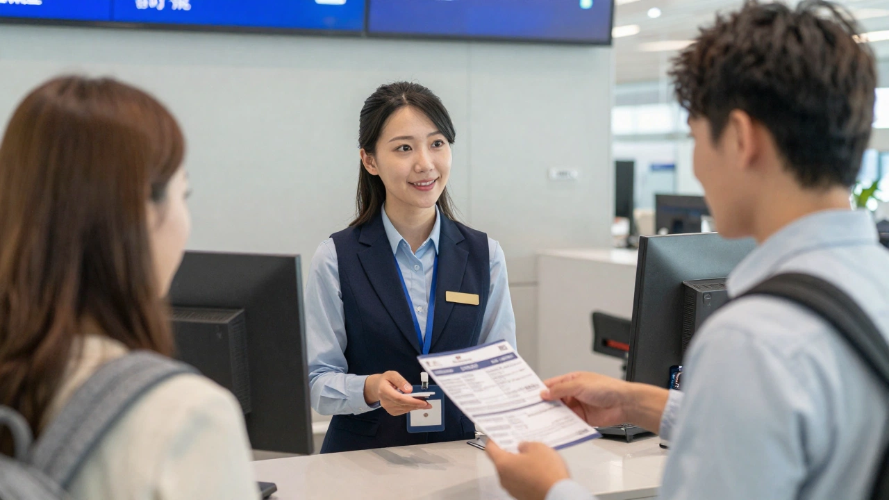 airline ticket reservation counter helping traveler secure a flight reservation for visa