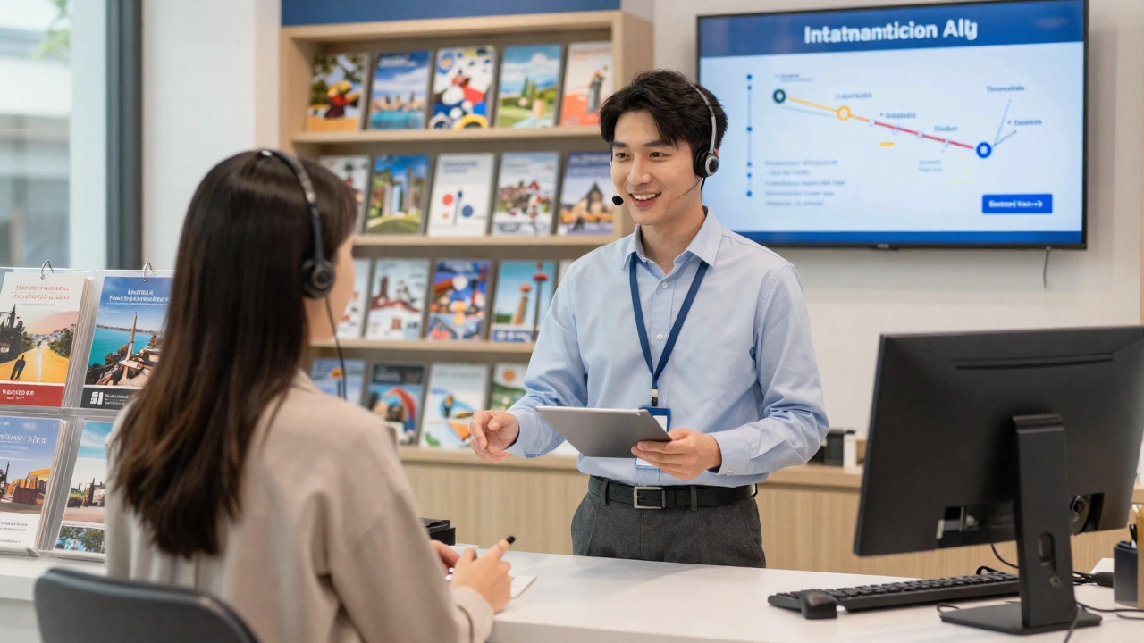 airport airline boarding counters with travelers verifying flight tickets for visa application legality