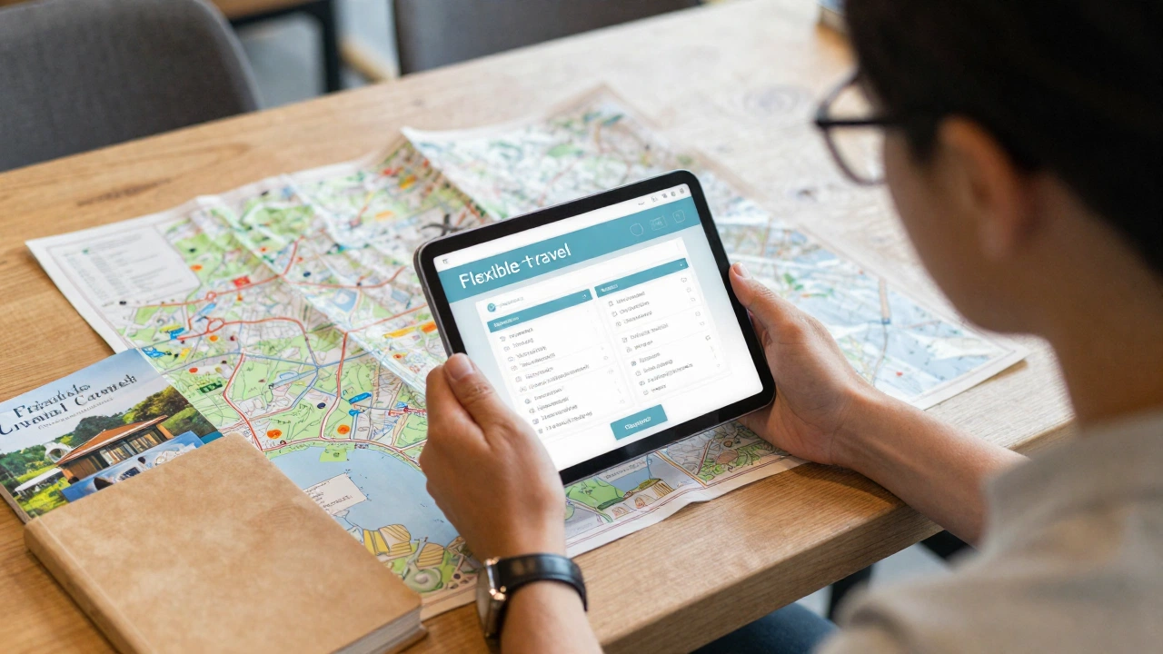 traveler planning flexible onward ticket for Schengen visa application using digital device in café with travel guides