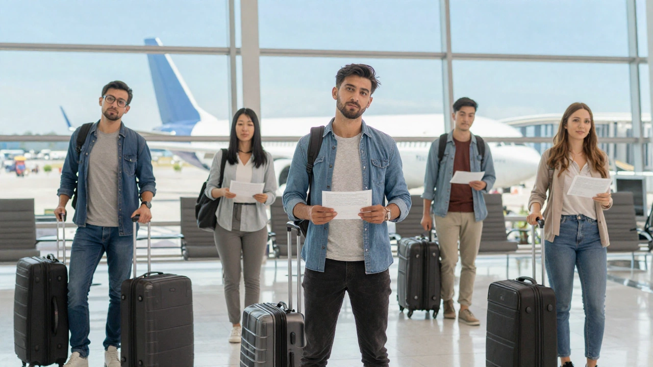 diverse travelers holding onward ticket for Schengen visa application at a bright modern airport departure area