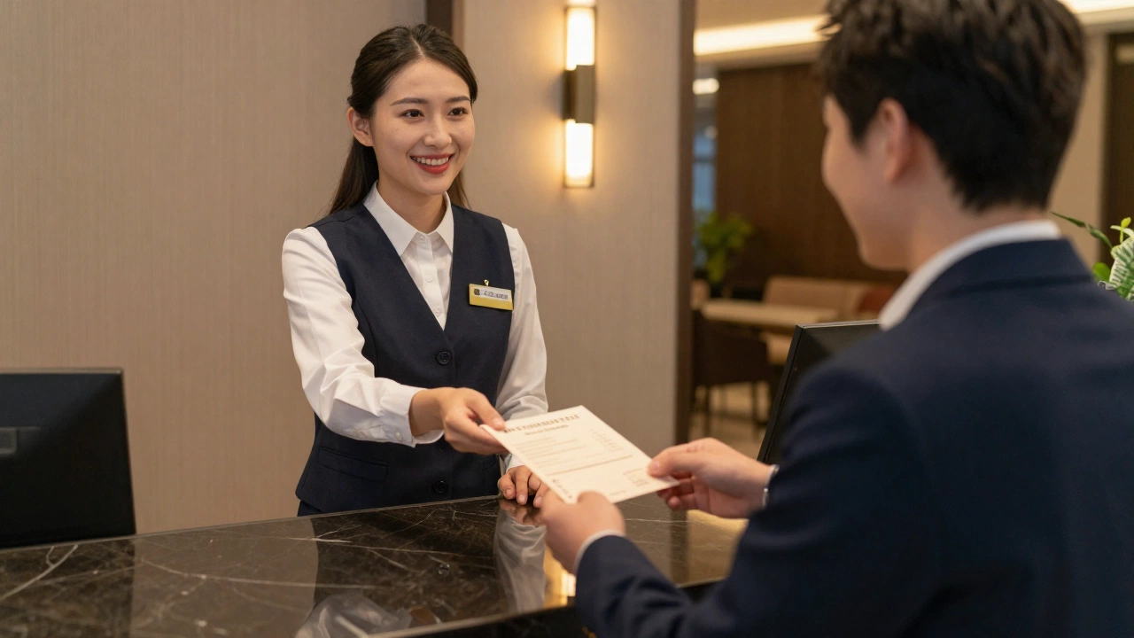 Hotel receptionist handing hotel reservation letter for visa application to guest at front desk