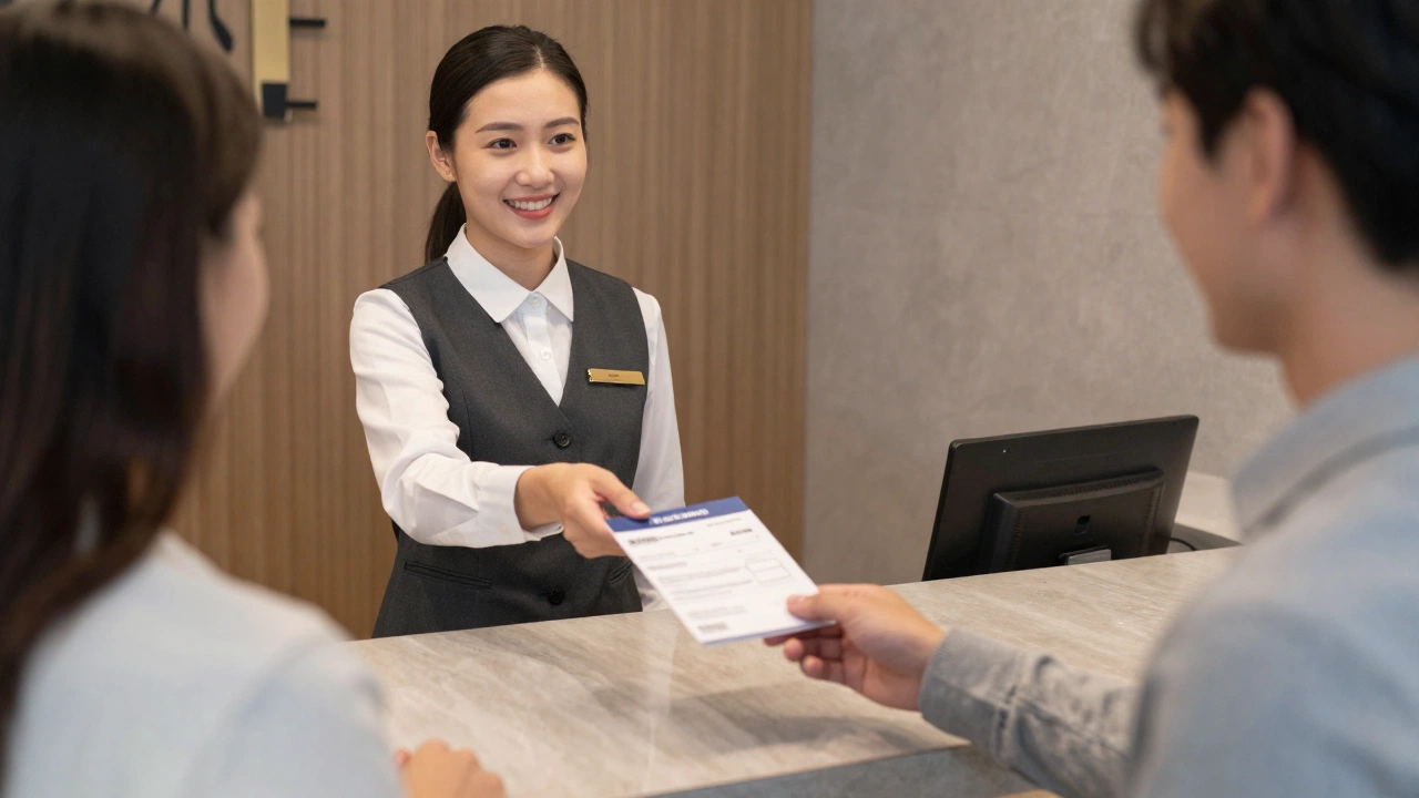 friendly hotel receptionist providing a dummy hotel booking for visa application confirmation to guest