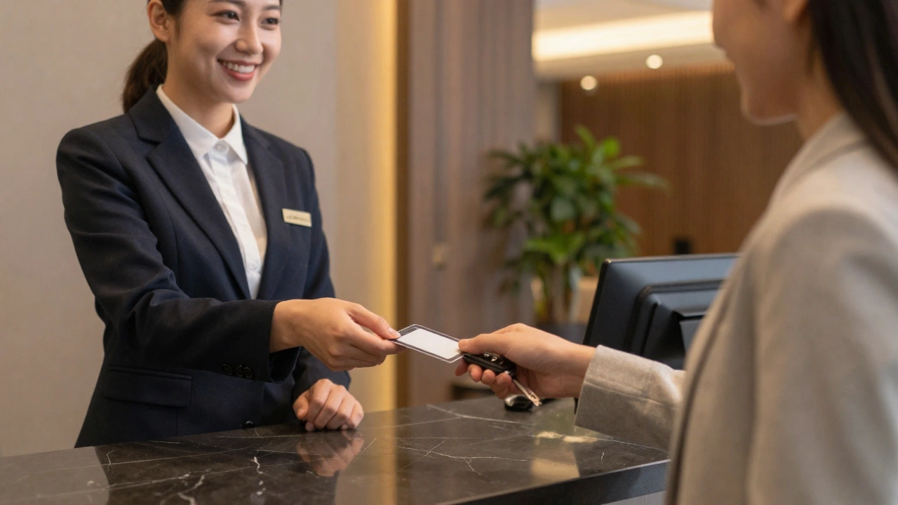friendly hotel receptionist providing hotel booking proof for UK visa application to a traveler