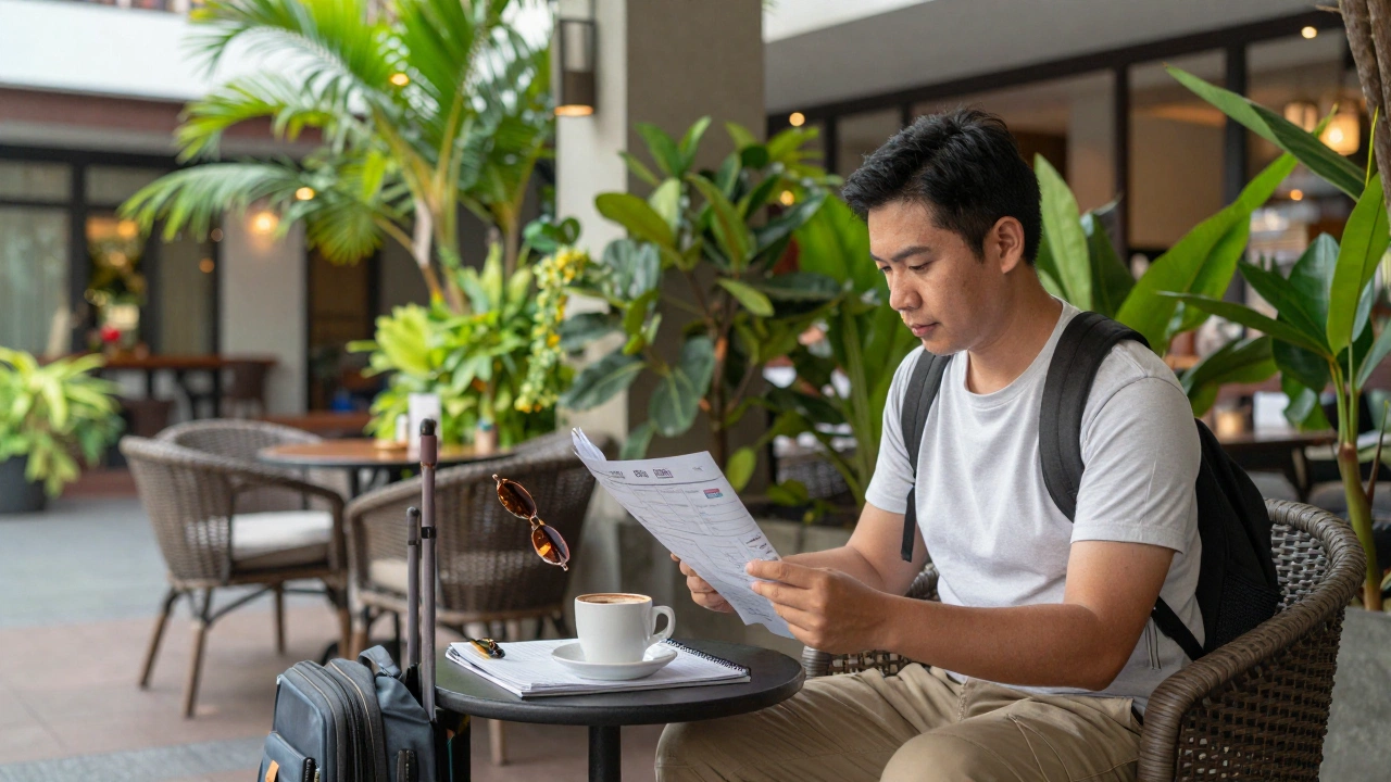 traveler seated comfortably at an outdoor café in Thailand reviewing onward ticket for Thailand visa on arrival travel plans