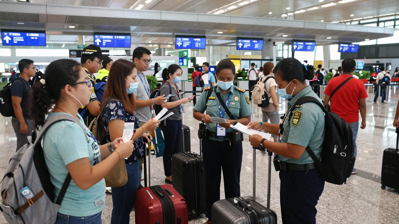 immigration officers checking travelers’ tickets and documents at a busy airport, demonstrating onward ticket for Bali entry requirements