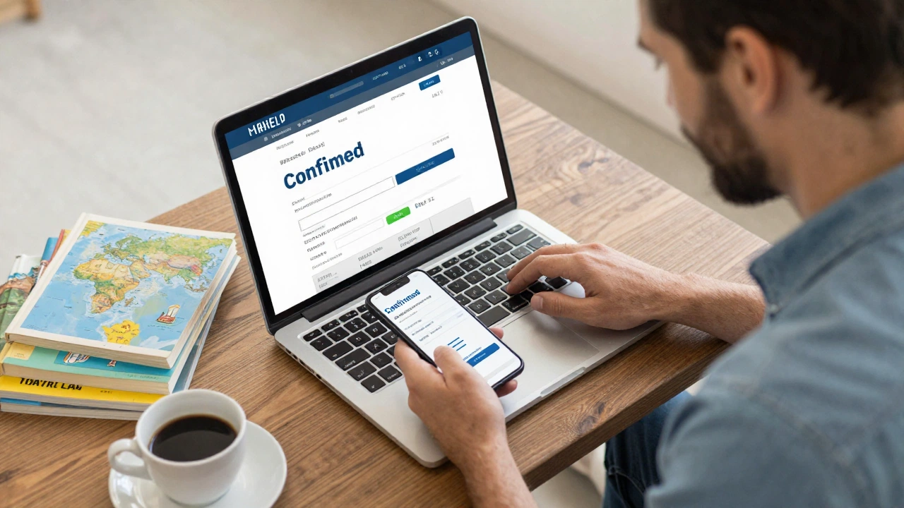 traveler planning onward ticket for singapore entry requirements with laptop and smartphone