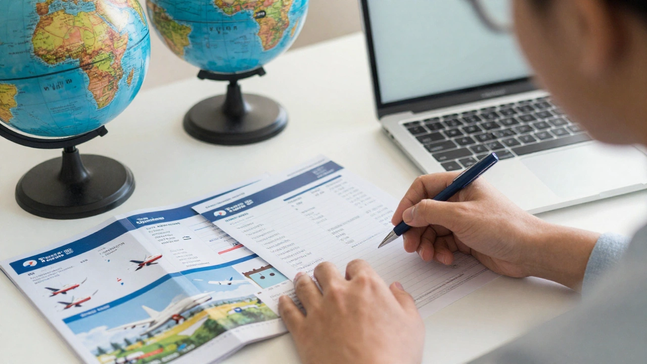 person carefully planning trip with dummy flight ticket for embassy application at desk surrounded by travel brochures and globe
