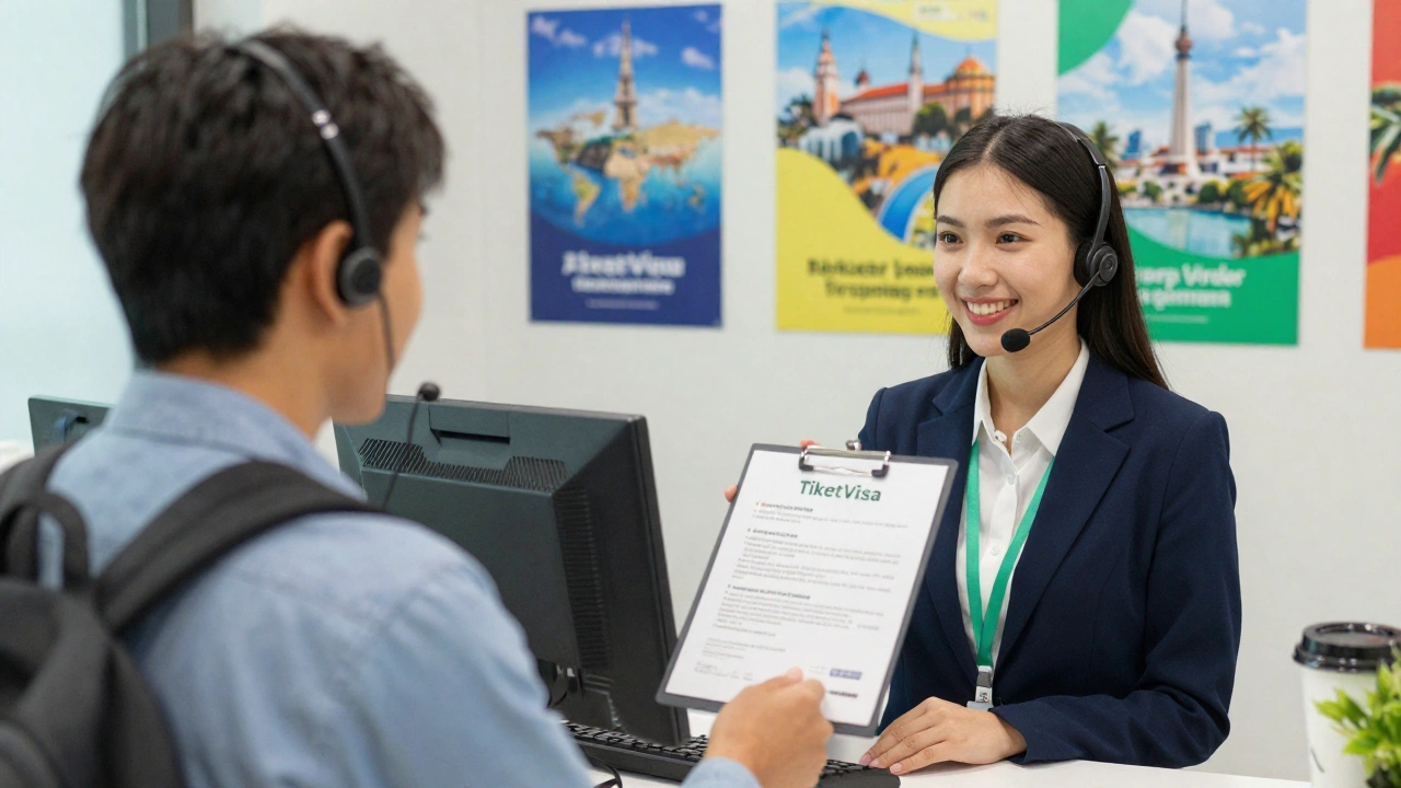 customer service agent assisting a traveler with flight reservation without payment for visa at travel agency
