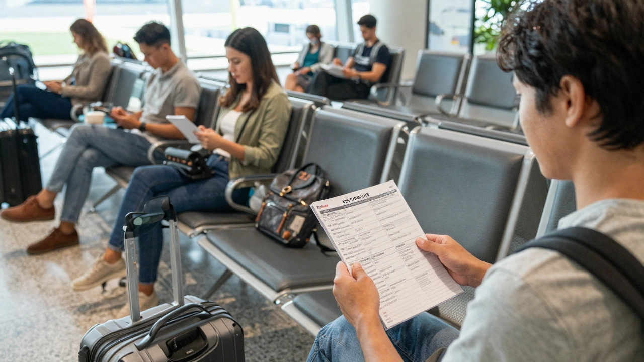 calm airport departure lounge scene with diverse travelers holding flight reservations without payment for visa
