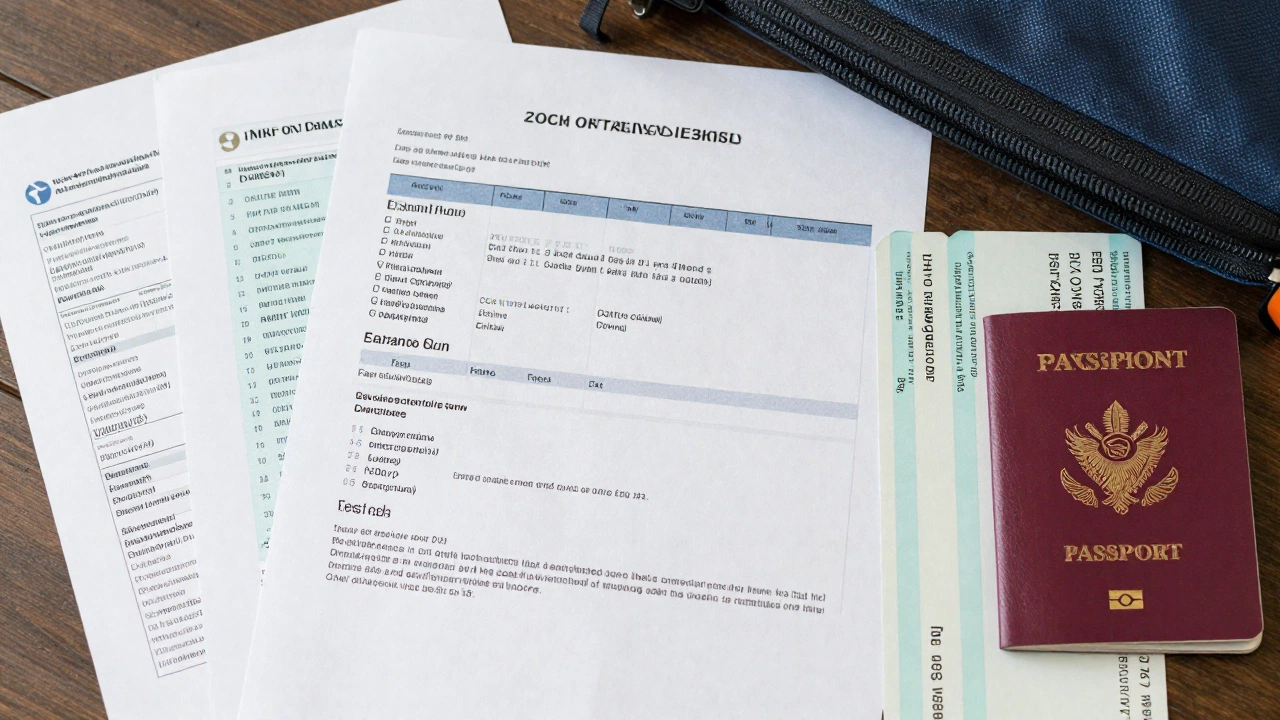 organized financial documents and travel essentials illustrating proof of financial means for Schengen visa rejection reasons and how to fix them