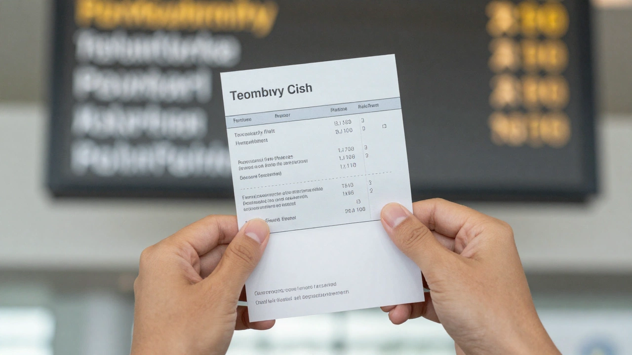 close-up of hands holding temporary flight reservation for same-day onward ticket booking for visa with airport departure board in background