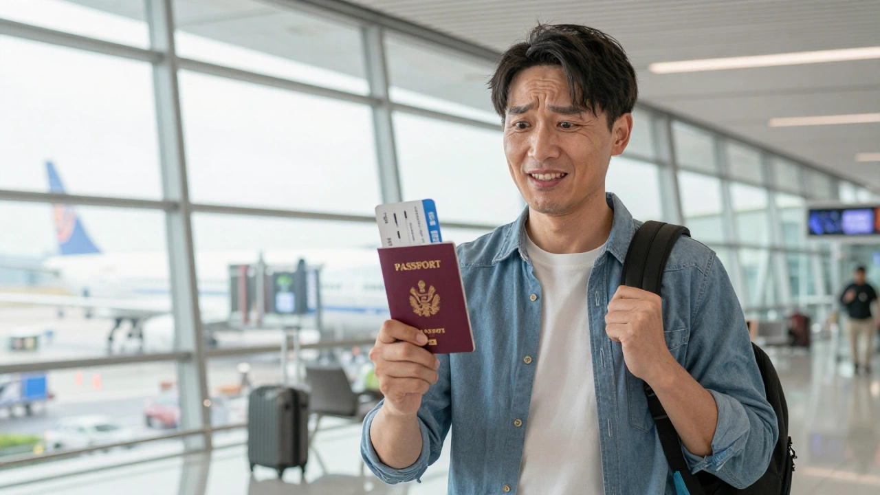 smiling traveler holding passport and boarding pass after successful same-day onward ticket booking for visa at airport terminal