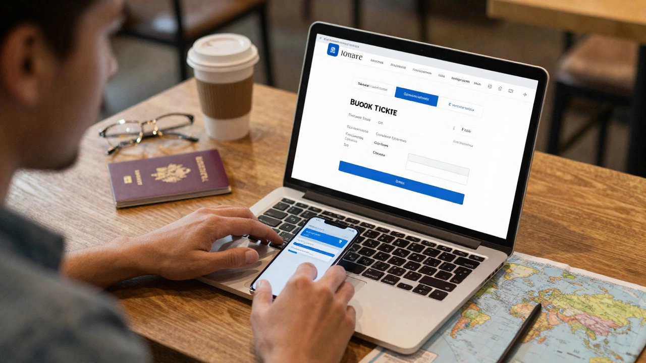traveler booking cheapest onward ticket service online using smartphone at café table