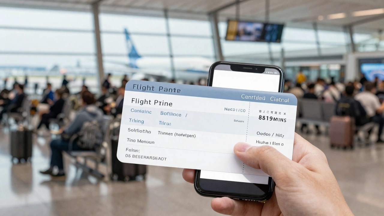close-up of a hand holding a PNR-confirmed flight reservation for visa itinerary in a busy airport terminal