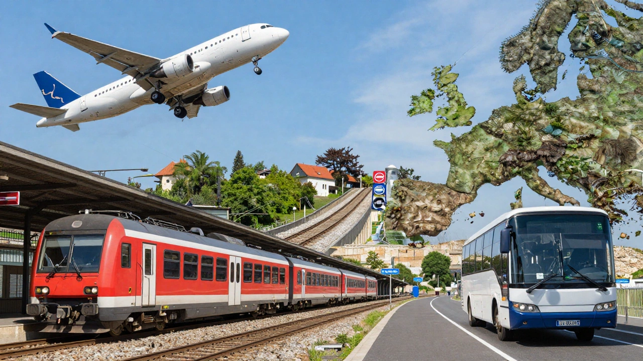 various transportation modes including airplane, train, and bus departing Europe representing schengen visa onward ticket requirements 2026