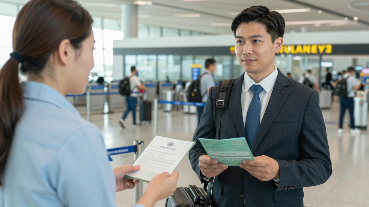 business traveler confidently presenting travel documents to border immigration officer meeting onward ticket requirement for US B1/B2 visa