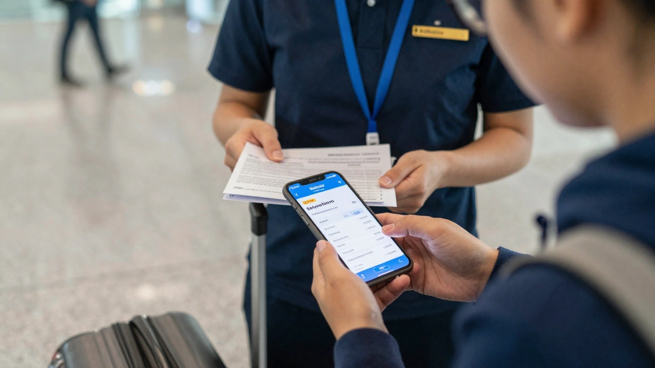 airline staff checking traveler’s documents to verify onward ticket requirement for US B1/B2 visa at airport boarding gate