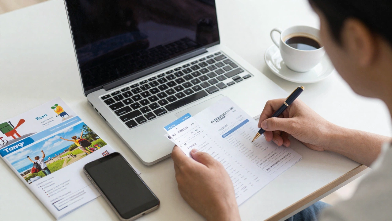 traveler booking onward ticket requirement for Thailand tourist visa using laptop and smartphone with travel documents