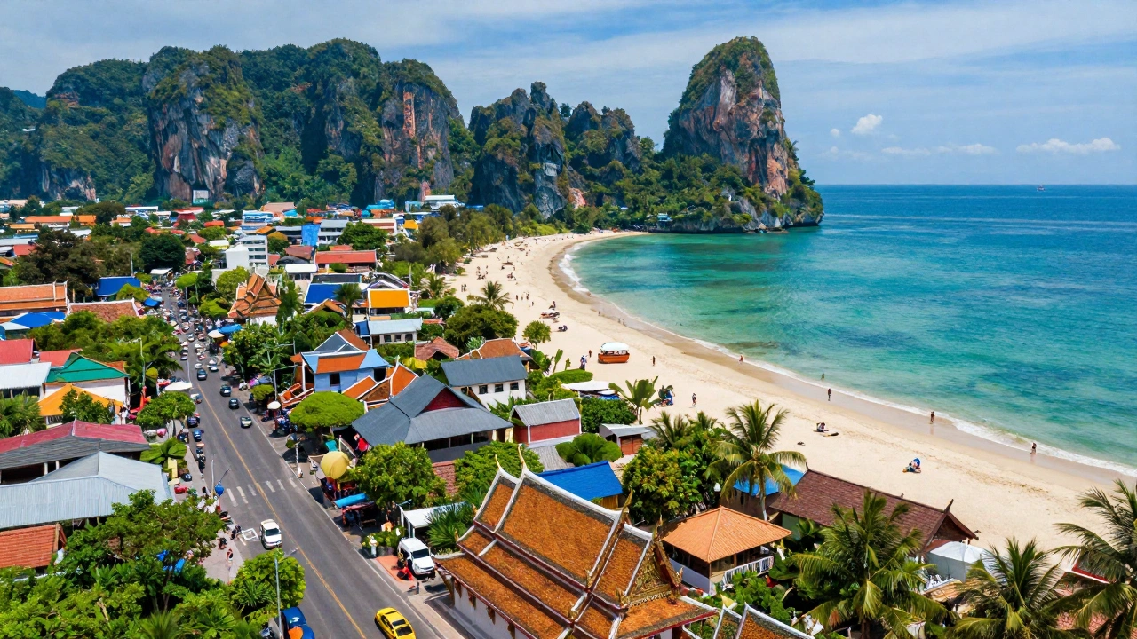 colorful collage of Thailand's landscapes illustrating onward ticket requirement for Thailand tourist visa with mountains, beaches, and city streets
