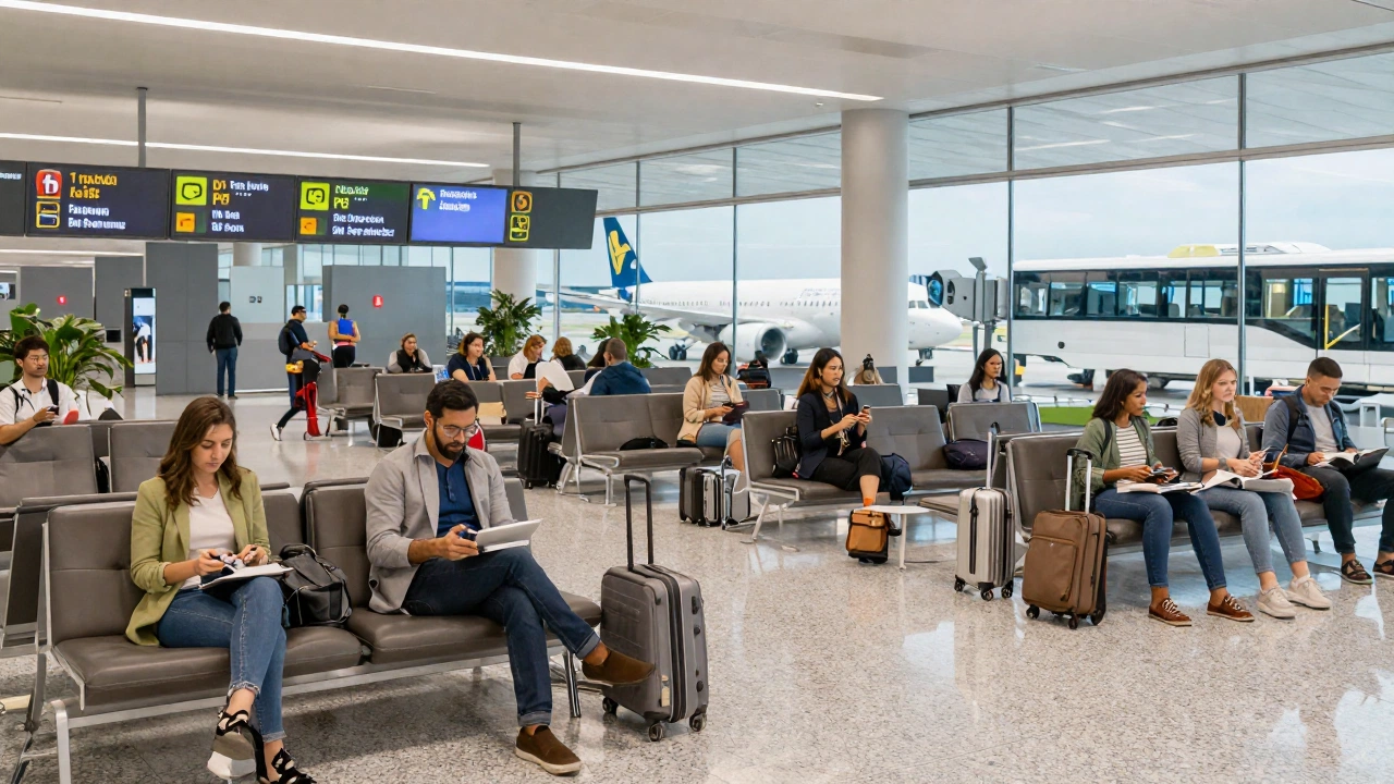 travelers preparing onward ticket requirement for Malaysia tourist visa at an airport departure lounge