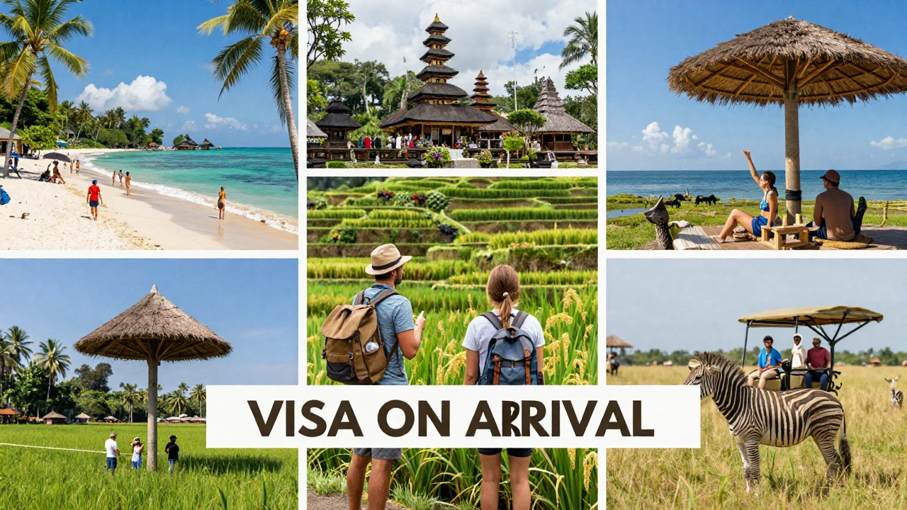collage of Thailand’s beaches, Bali rice terraces, and Kenya safari representing is an onward ticket required for visa on arrival at popular destinations