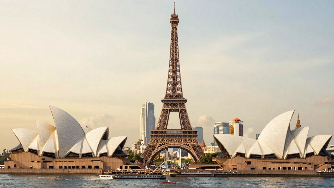 famous landmarks representing countries requiring visa applications that require flight reservations including Eiffel Tower, Sydney Opera House, and cityscape