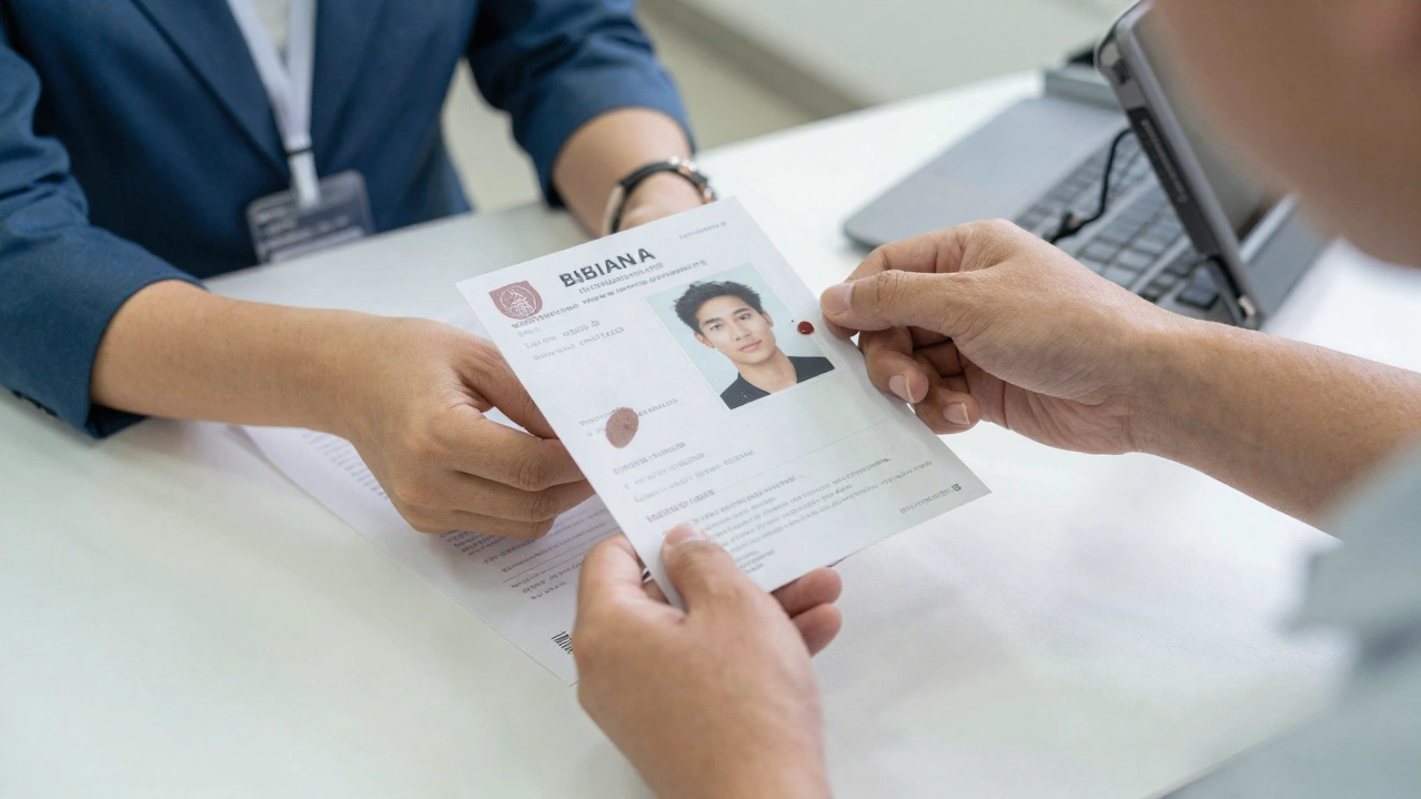 close-up of a traveler handing over biometric data like fingerprints and a facial scan during a visa application process in 2026