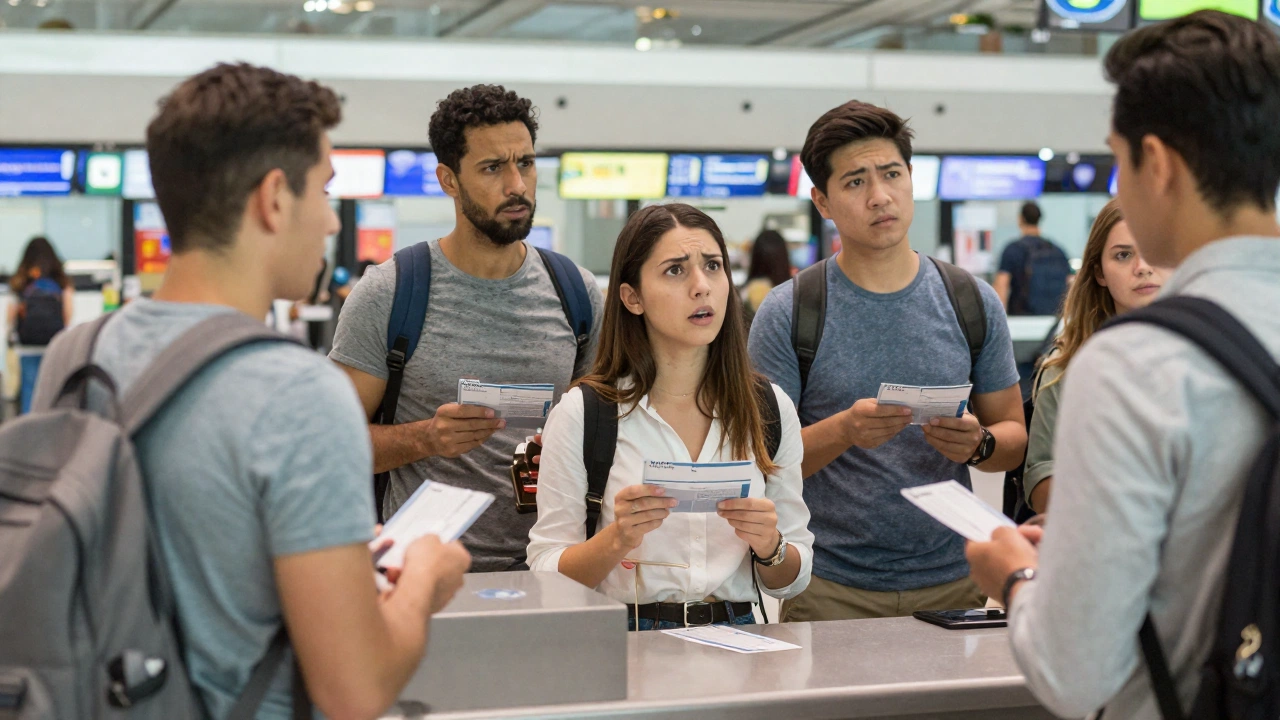 A diverse group of international travelers at a busy airport check-in counter with one-way and round-trip tickets, showing strict flight itinerary checks by countries questioning can visa be rejected because of flight itinerary