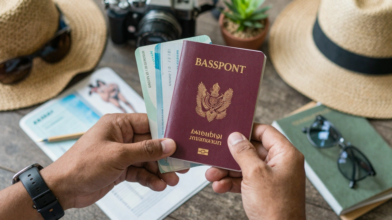 close-up of traveler preparing Bali visa extension process step by step 2026 documents including passport surrounded by Indonesian souvenirs