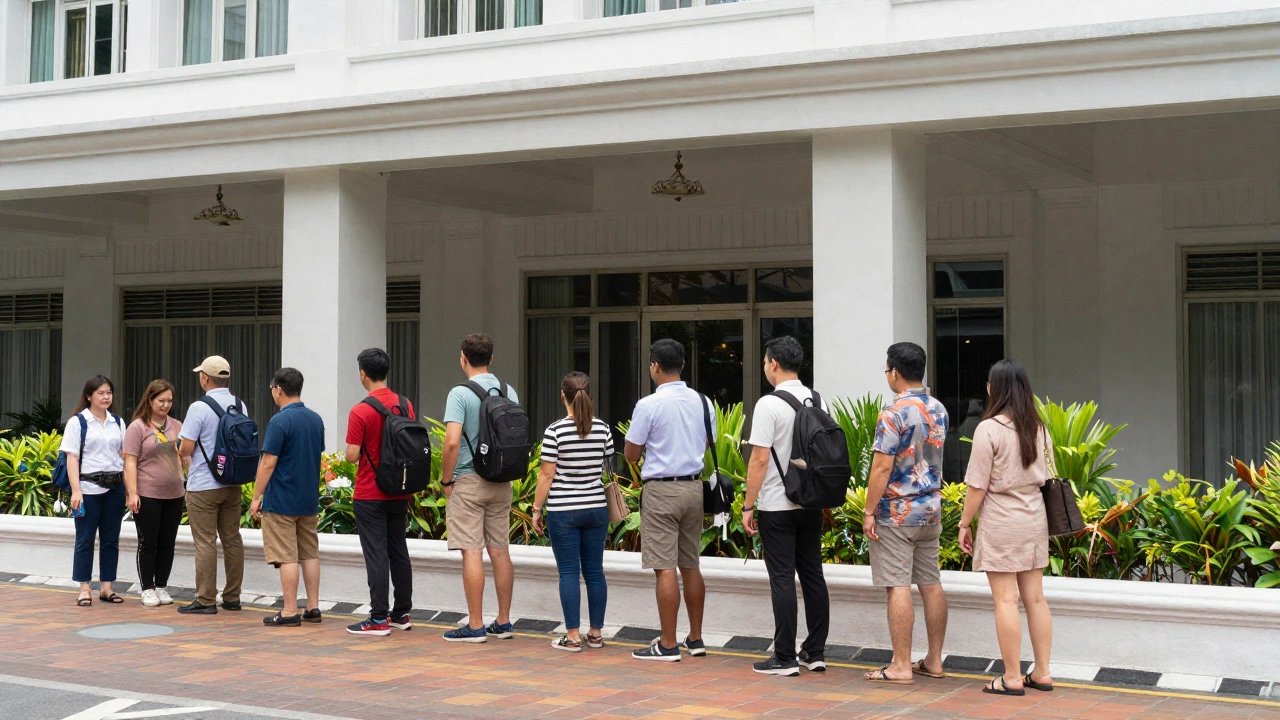 travellers patiently waiting outside Royal Thai Embassy in Kuala Lumpur demonstrating how to apply for Thailand tourist visa from Malaysia