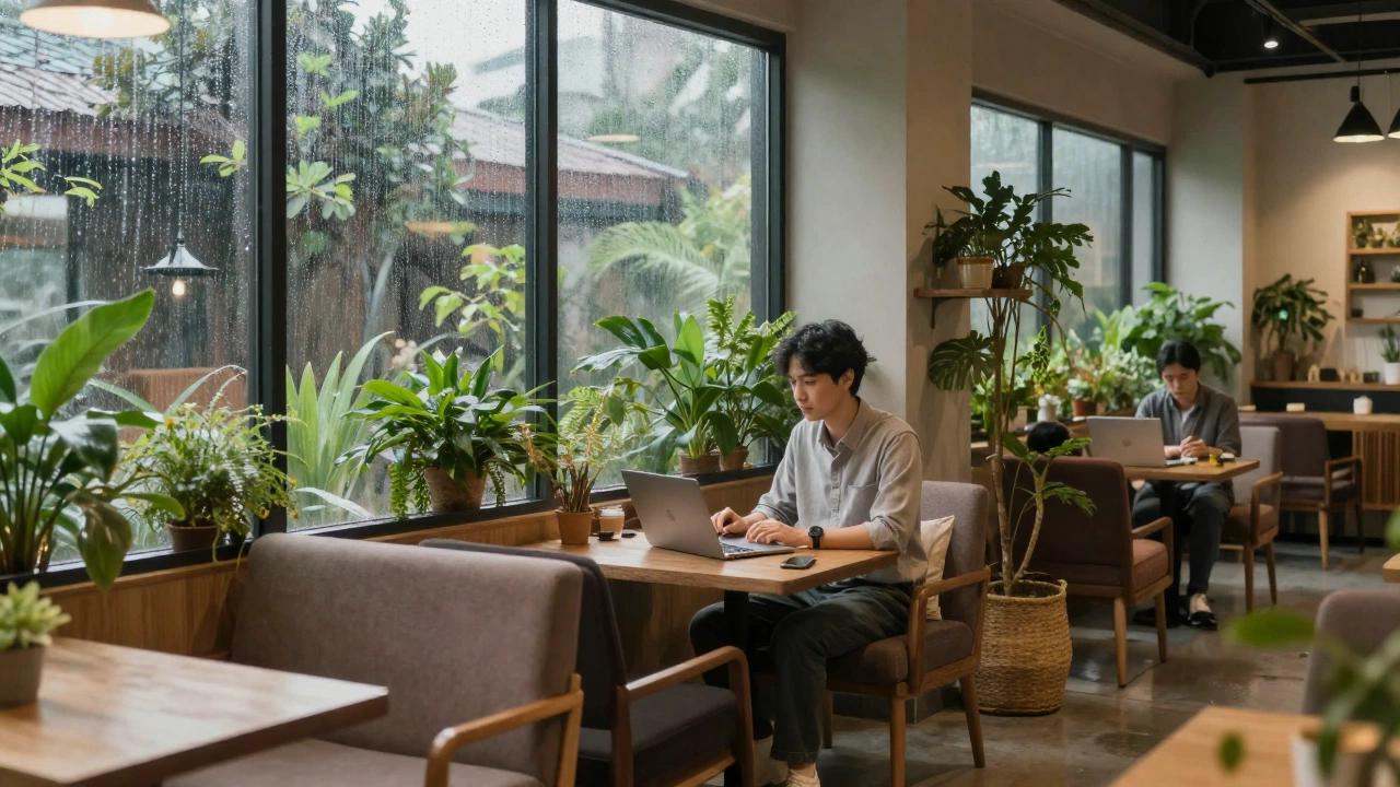 digital nomad working peacefully inside cozy coworking space in Bali on a rainy day