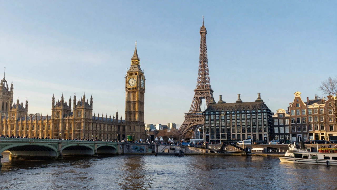 a vibrant European cityscape in winter with iconic landmarks like Big Ben in London, Eiffel Tower in Paris, and canals in Amsterdam during the cheapest month to fly from Malaysia to Europe