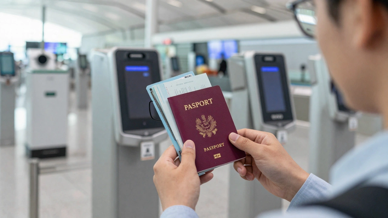 traveler showing passport and documents near biometric scanners at immigration check at airport what to expect in modern airport setting