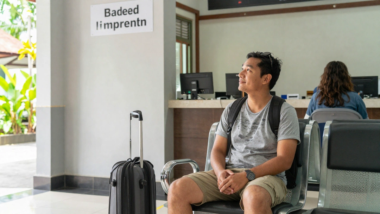 traveler discussing visa overstay consequences with immigration officer in Bali office representing what happens if you overstay tourist visa in Bali