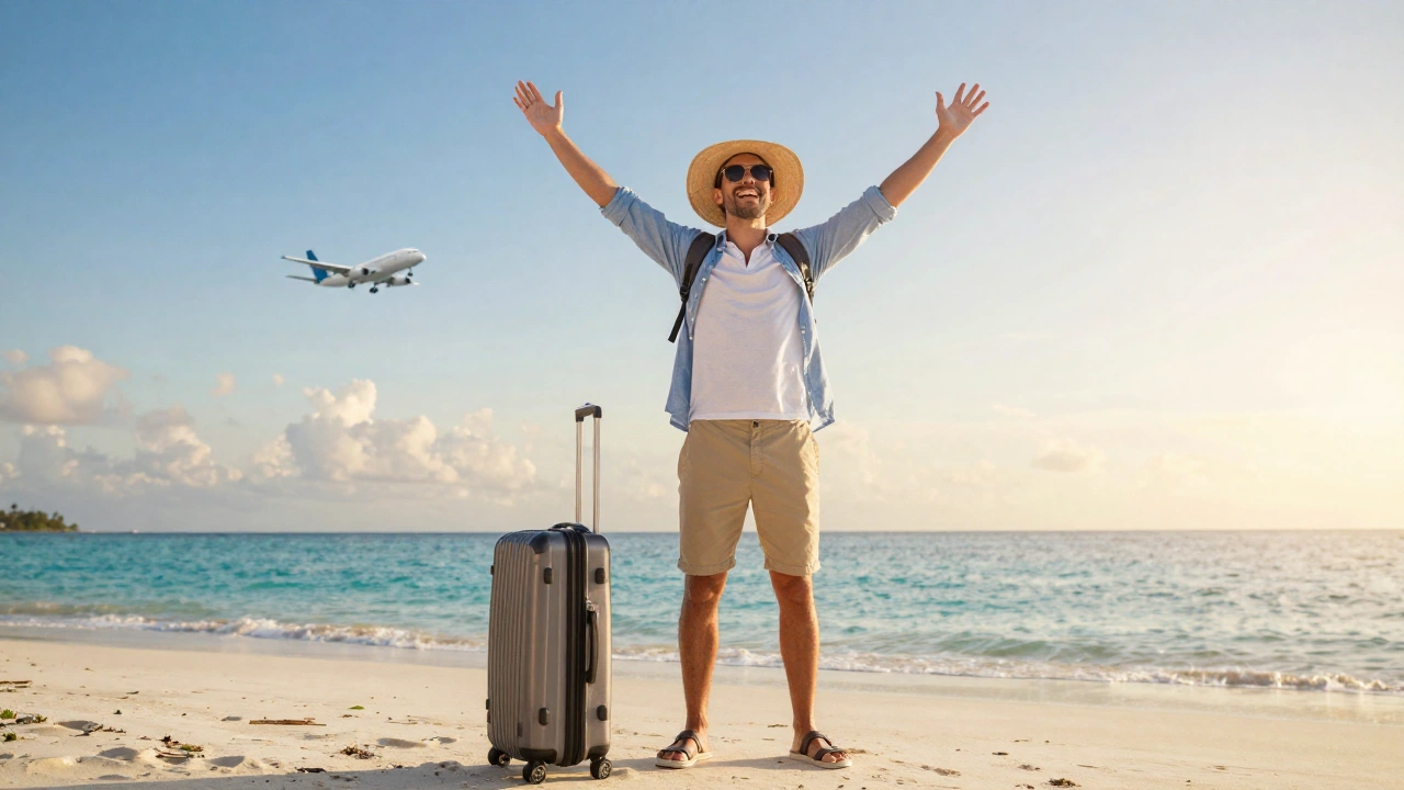 Joyful traveler on tropical beach with best onward ticket for visa application in 2026 celebrating successful visa approval