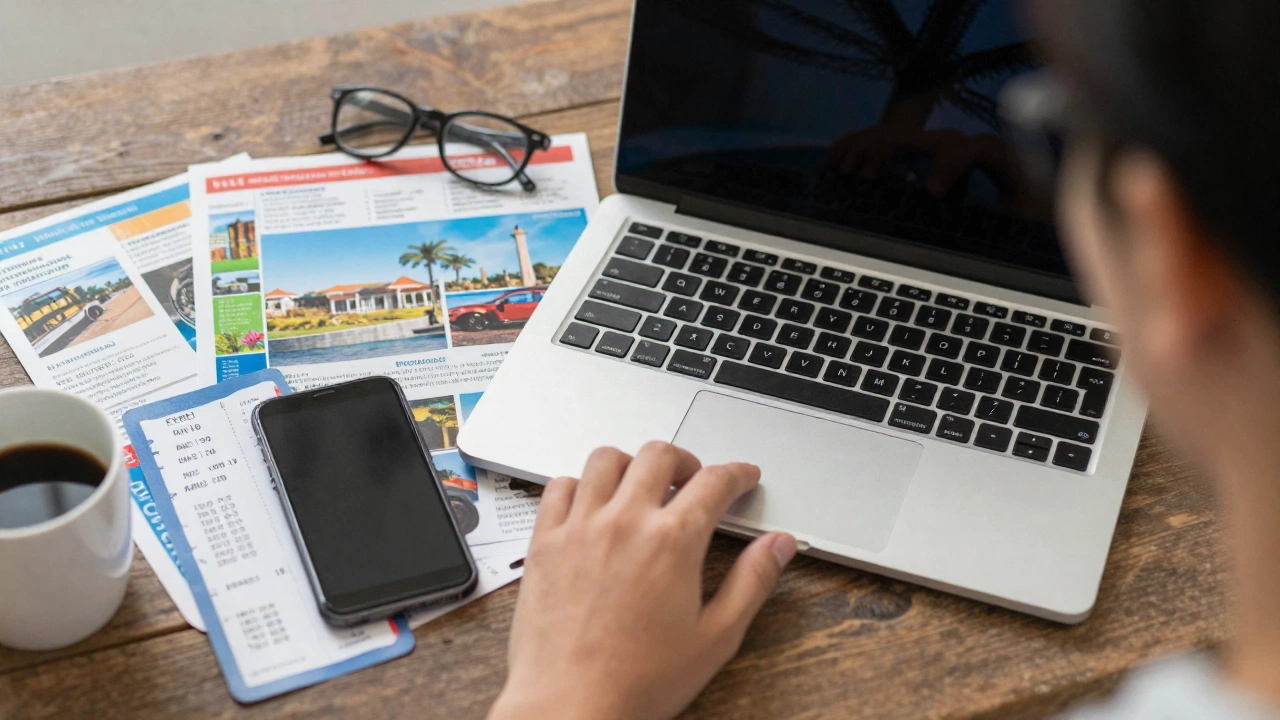 Traveler using laptop and smartphone planning best onward ticket for visa application in 2026
