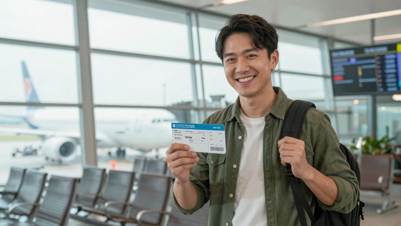 happy traveler holding boarding pass after receiving visa approval with temporary onward ticket for visa approval