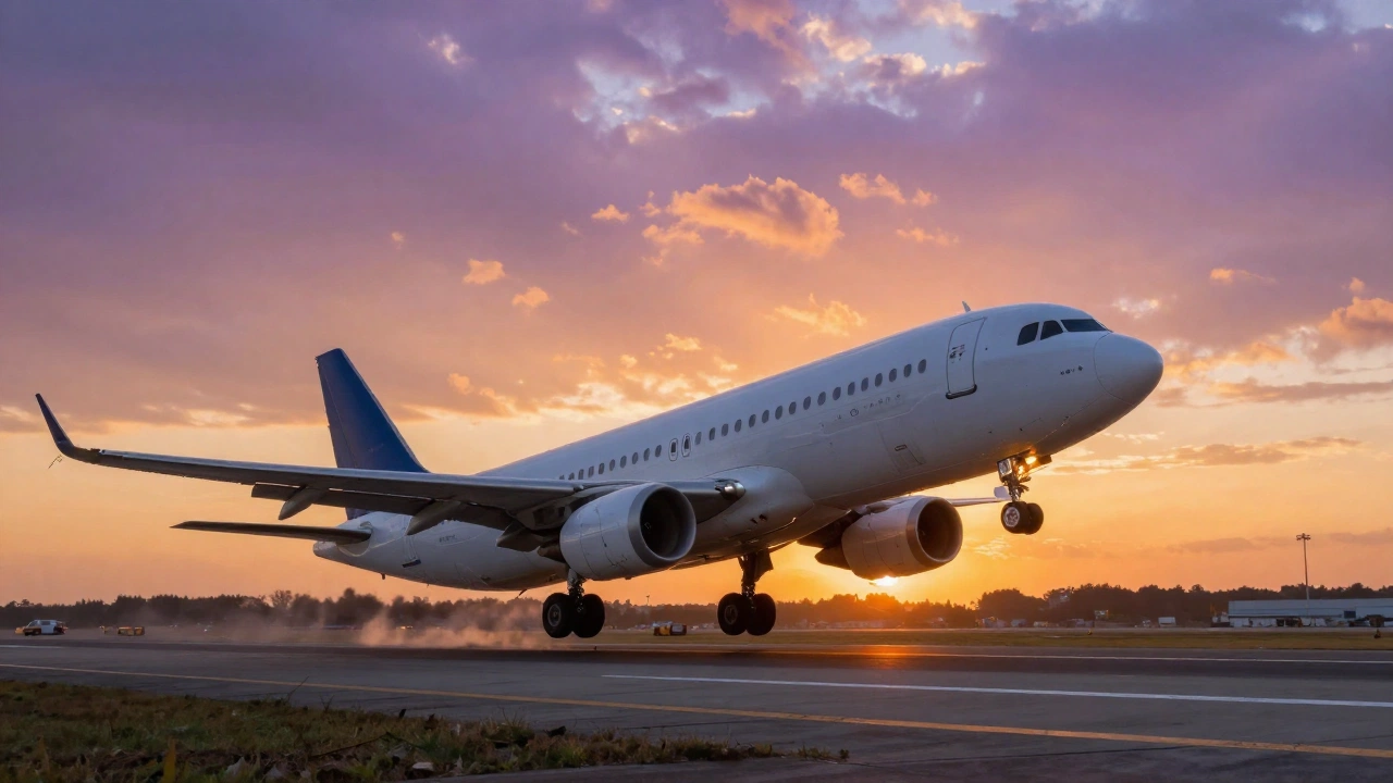 airplane departing at sunset representing temporary onward ticket for visa approval and onward travel