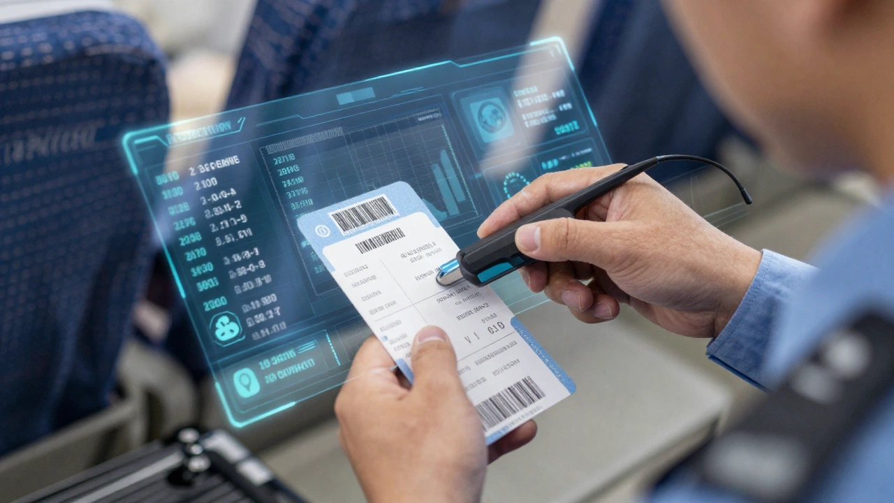Immigration officer scanning boarding pass barcode during onward ticket verification with digital data interfaces