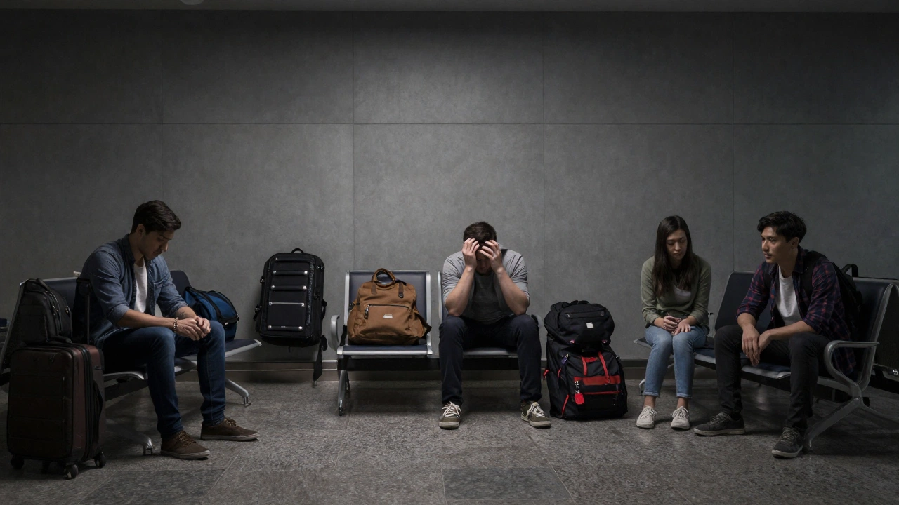 dimly lit airport holding area showing what happens if you are denied entry at the airport with worried travelers waiting