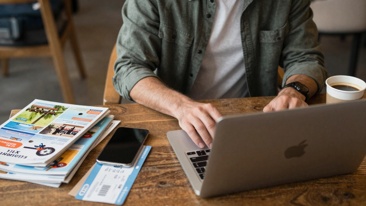 traveler researching and booking onward ticket for pakistani passport holders online using laptop and travel documents