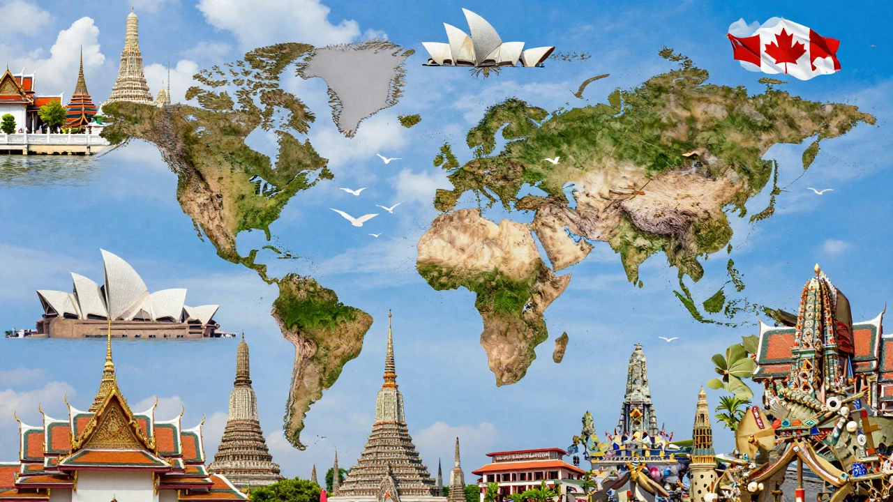 collage showing onward ticket for pakistani passport holders with famous international landmarks and cityscapes