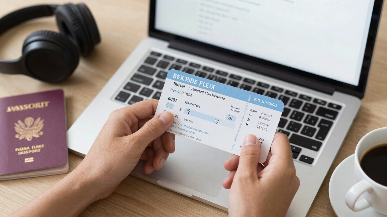 person booking a flexible onward ticket for Bangladeshi passport holders on a laptop with travel items