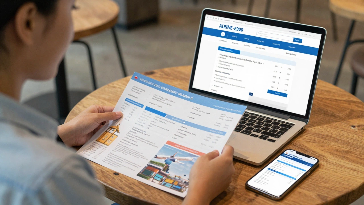 Filipino traveler planning onward ticket purchase at home with laptop and phone showing flight booking websites