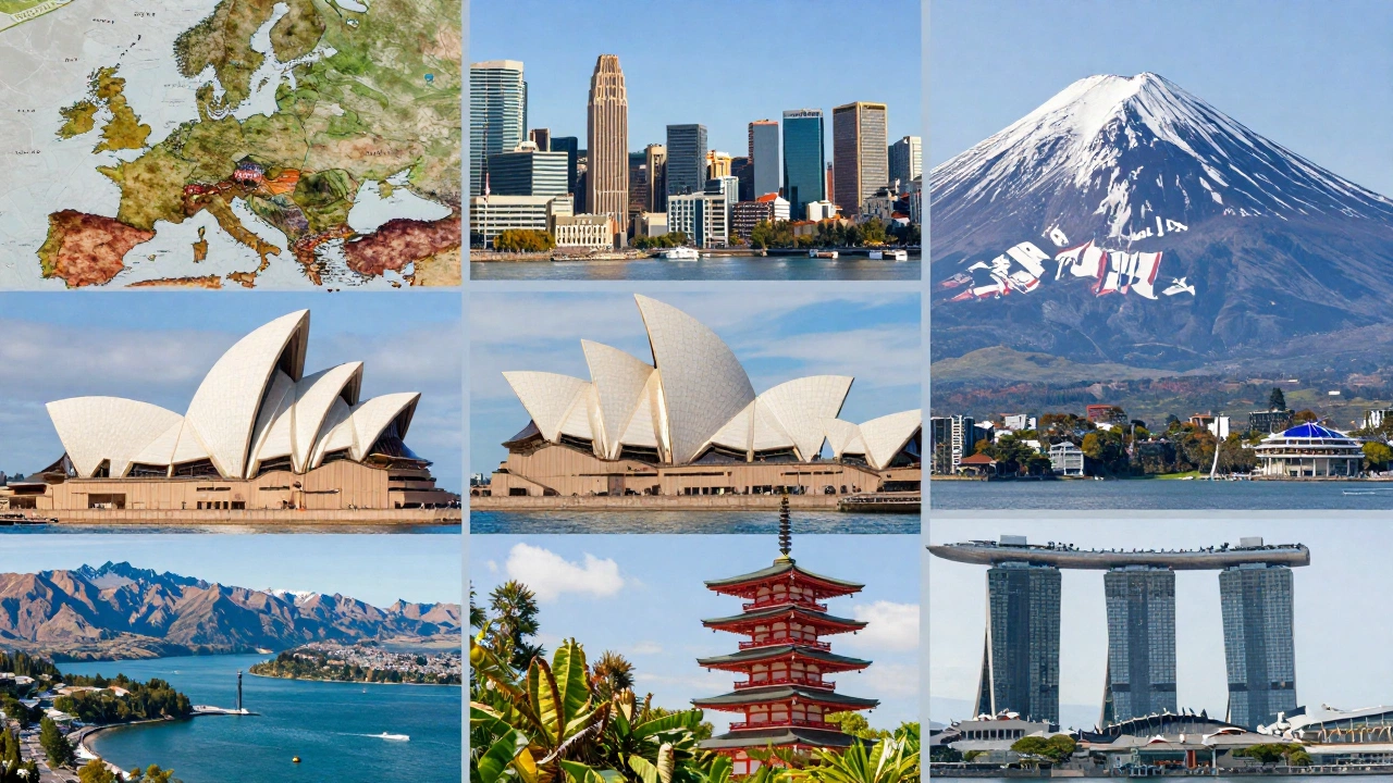 collage with famous landmarks from countries requiring onward ticket for Indonesian passport holders including Schengen Area and Australia