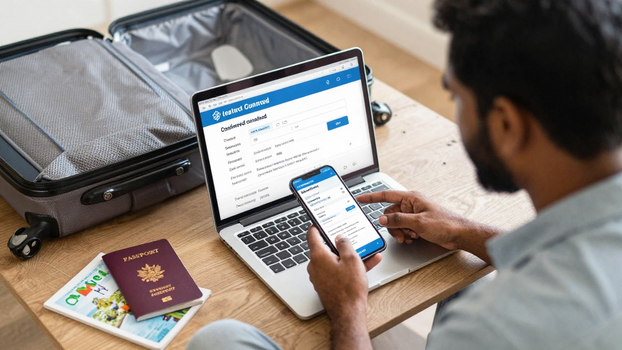 Sri Lankan traveler booking an onward ticket for Sri Lankan passport holders on laptop at home with travel essentials
