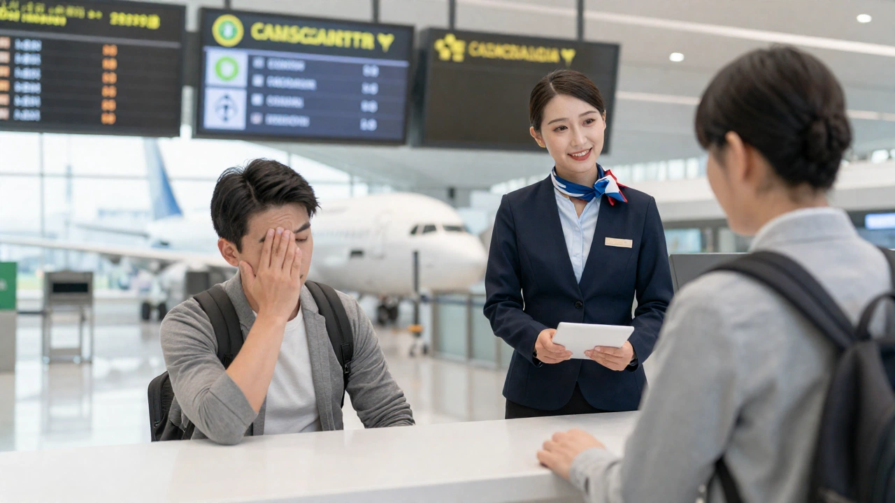 an airline customer service scene showing a friendly airline staff member assisting a traveler at a modern airport counter