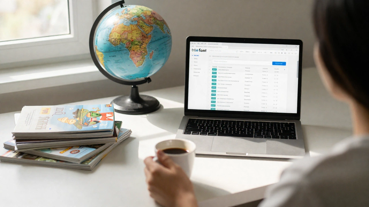 a peaceful home workspace with a person relaxing with a cup of coffee, surrounded by travel brochures, a globe, and a laptop displaying flight search pages