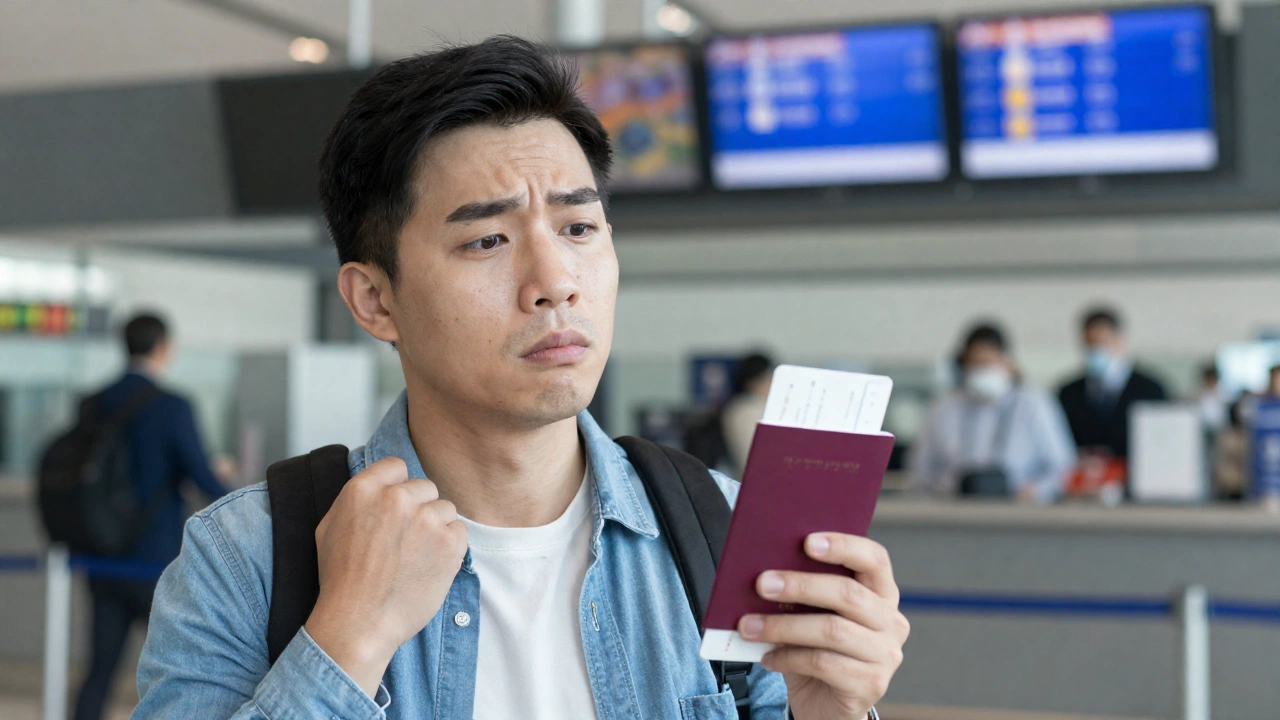 A close-up scene of a traveler at an airport check-in or boarding gate, looking relieved and ready, holding a passport and a boarding pass without visible text, surrounded by airline staff and flight information screens blurred in the background.